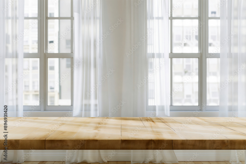 Window Table Top Empty wooden table top with white curtain and city view from window ...