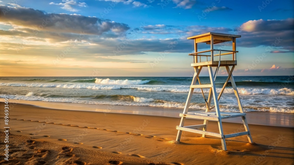 Lifeguard chair on sandy beach overlooking the ocean waves , summer, lifeguard, chair, beach, sand, ocean, waves, sunny Lifeguard chair on sandy beach overlooking the ocean waves , summer, lifeguard, chair, beach, sand, ocean, waves, sunny