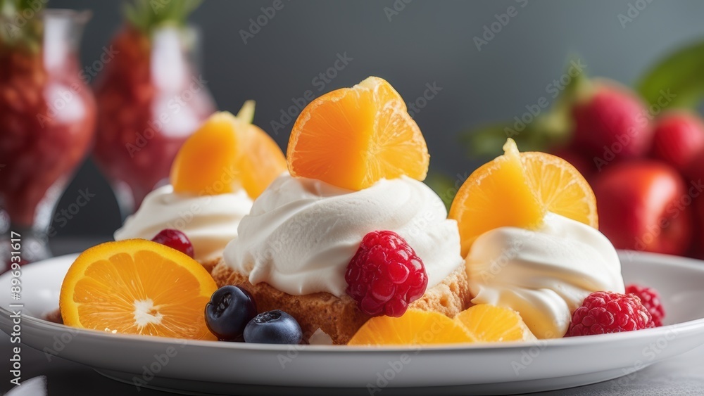 Cake with whipped cream and orange raspberries strawberries and blueberries. Cake with whipped cream and orange raspberries strawberries and blueberries.