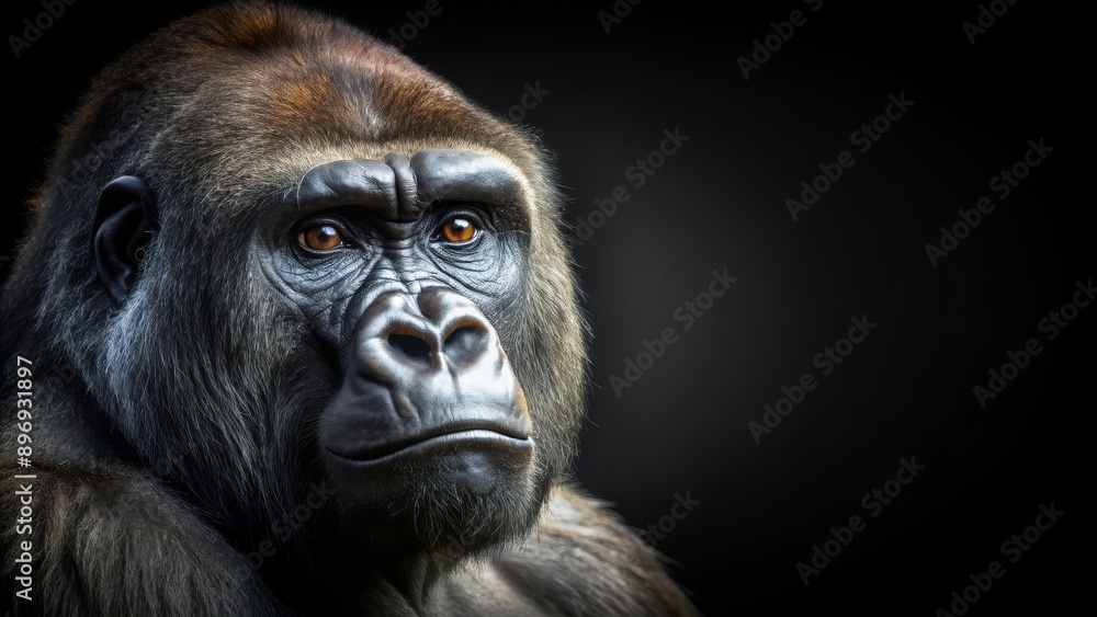 Close-up view of a male gorilla in low-key lighting, isolated on a black background , Gorilla, male Close-up view of a male gorilla in low-key lighting, isolated on a black background , Gorilla, male