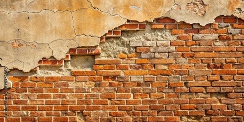 Fault in a brick wall covered with stucco, crack, defect, construction, damaged, repair, deterioration, texture, background