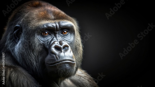 Close-up view of a male gorilla in low-key lighting, isolated on a black background , Gorilla, male