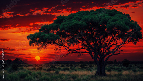 Natural landscape. Dark tree against backdrop of red sunset. Generative AI.