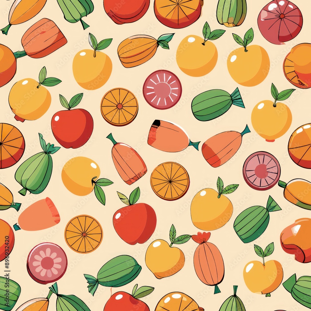 Seamless pattern of fruit-flavored hard candies, Generative AI Seamless pattern of fruit-flavored hard candies, Generative AI
