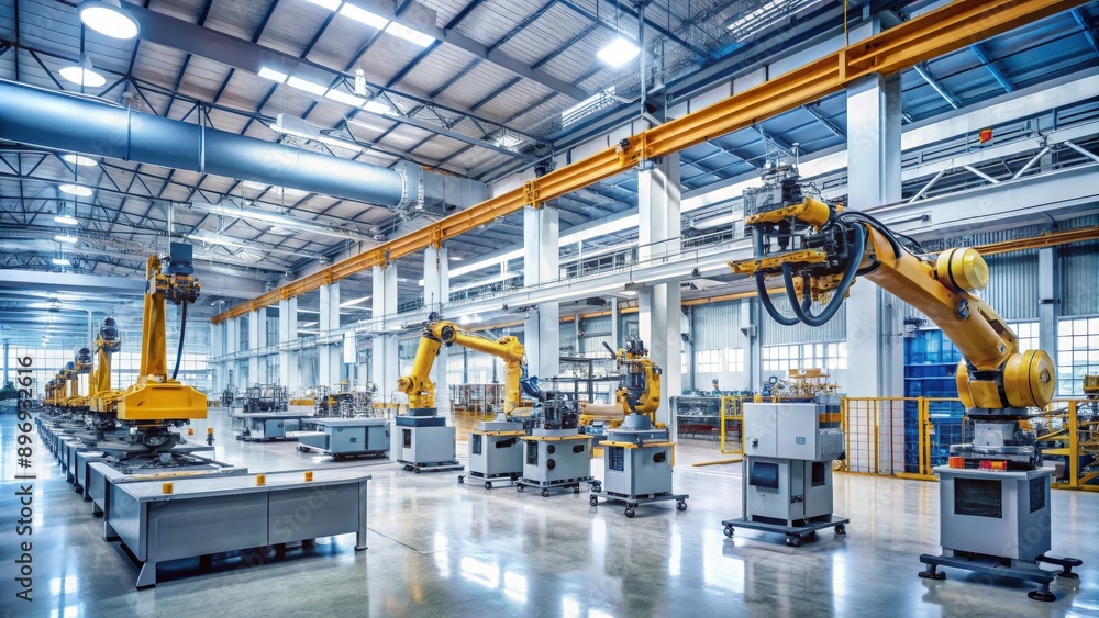 Modern industrial manufacturing plant with high-tech machinery and robotic arms, technology, machinery Modern industrial manufacturing plant with high-tech machinery and robotic arms, technology, machinery