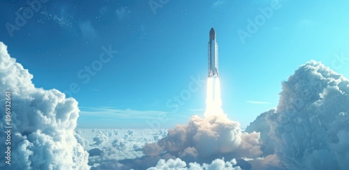 A powerful rocket ascends through a sea of fluffy clouds into the bright blue sky