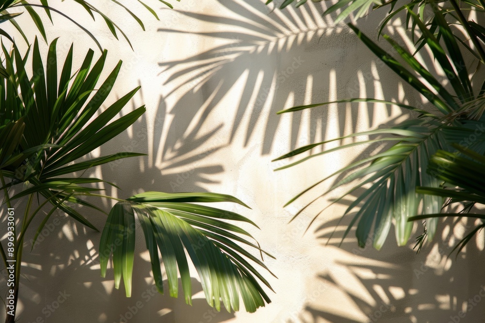 Fototapeta premium Sunlight casts a beautiful shadow of palm leaves on a textured white wall