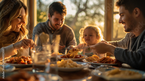 Family Enjoying Dinner Together at Home During Golden Hour