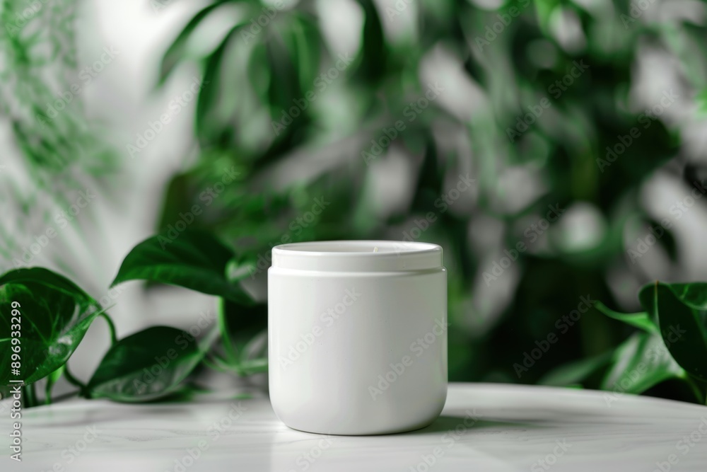 White ceramic jar mockup against green foliage background White ceramic jar mockup against green foliage background