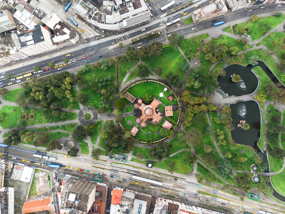 Quito, Ecuador: Aerial top down view of the La Alameda park and its astronomical observatory in the Mariscal business district in Quito, Ecuador capital city in South America