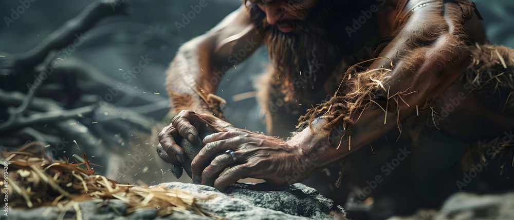 Caveman in animal skin hits rock with sharp stone and creates primitive ...