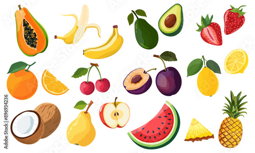 Set of fruit and berry icons. Natural tropical fruits.  Papaya, banana, avocado, pineapple, coconut, strawberry, watermelon, orange, lemon, cherry, plum, pear, apple. Vector illustration. Isolatedlate