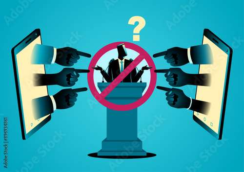 Hands popping up from a mobile phone and pointing at a person on a podium, symbolizing cancel culture, boycotts, and black campaigns on social media, captures the influence of online movements