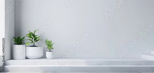 Modern minimalist interior design with potted plants on white steps against clean white wall, showcasing simplicity and tranquility. a serene and balanced layout with the addition of vibrant greenery photo