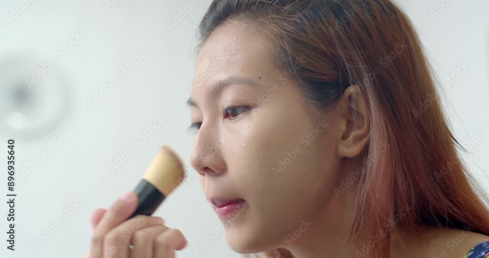 Asian woman wearing foundation makeup.Applying a smooth, even foundation.Makeup for a performance. Asian woman wearing foundation makeup.Applying a smooth, even foundation.Makeup for a performance.