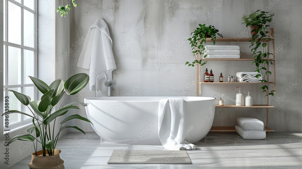 Fototapeta premium Modern Bathroom Interior Design with White Bathtub and Plants