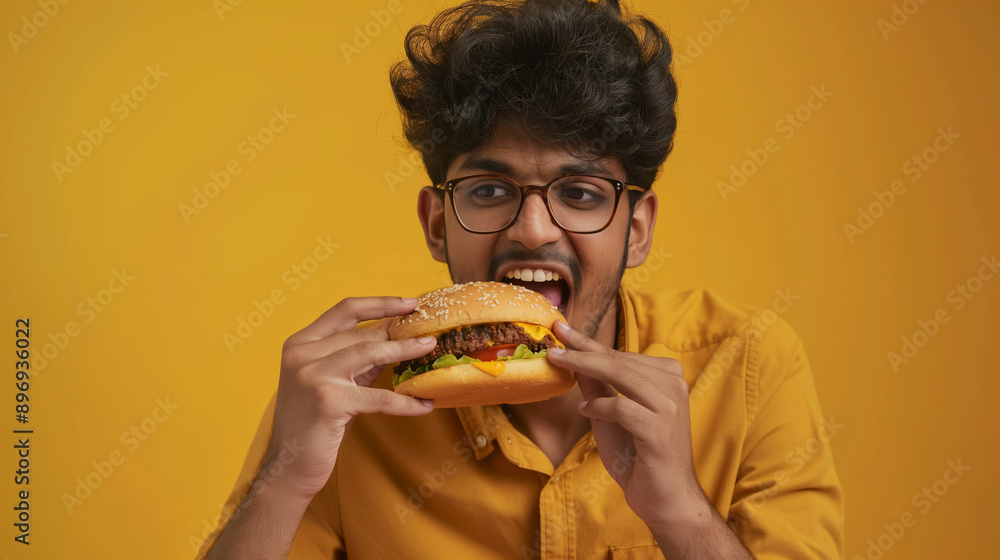 Young Man With Curly Hair Enjoying a Hamburger in Front of a Yellow Background