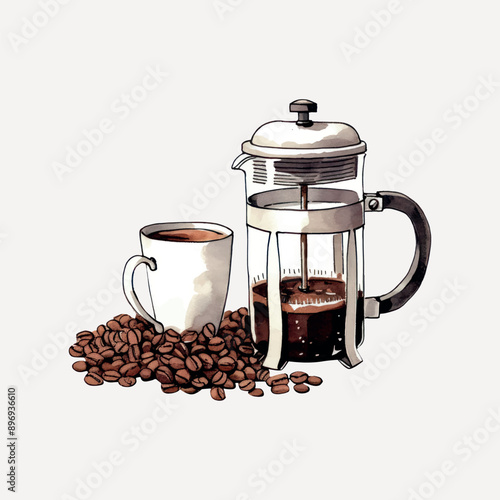 French press coffee beans illustration