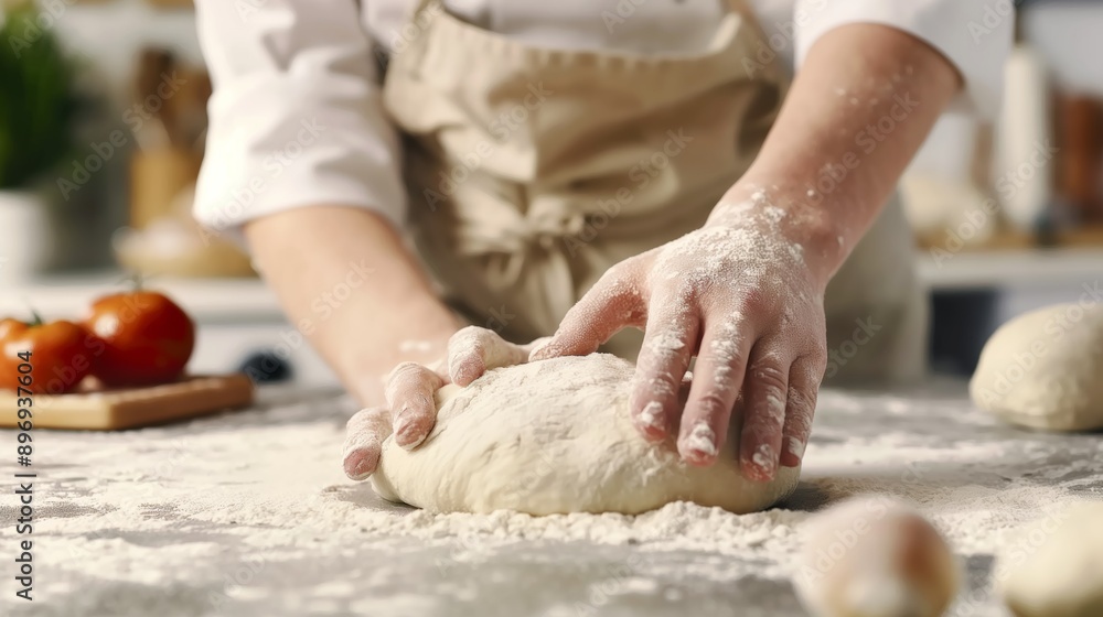 Baker kneading dough in a kitchen while wearing an apron. Baker kneading dough in a kitchen while wearing an apron.