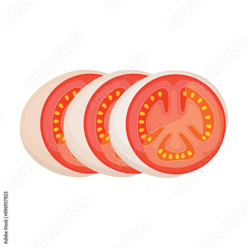 Vector image of mozzarella cheese with tomato. Food and fast food concept. Element for your design. Ingredient for cooking.