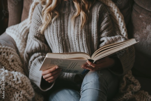 Woman reading a book on a cozy sofa