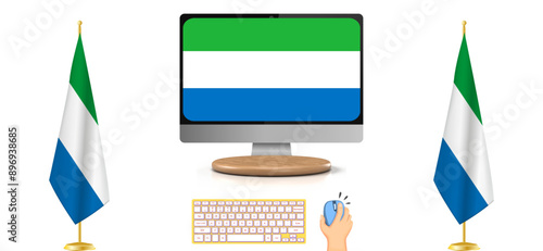 Sierra Leone Islands Flag in the Digital Era: Modern Illustration of the Flag with Keyboard and Mouse, Symbolizing Advanced Connectivity and Technology. EPS Vector Format