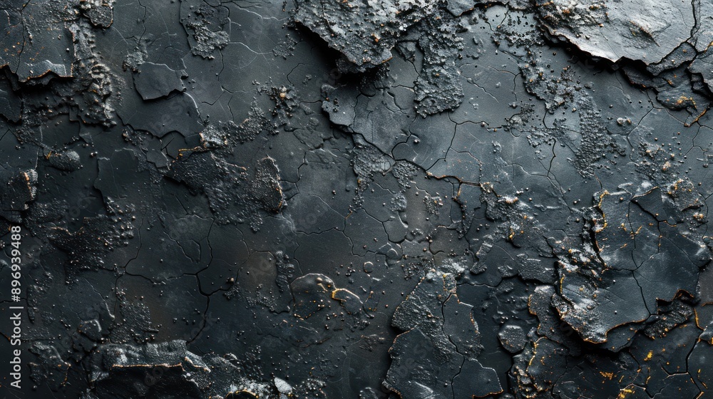 A CloseUp of a Cracked and Weathered Black Surface with Glittering Gold Accents A CloseUp of a Cracked and Weathered Black Surface with Glittering Gold Accents