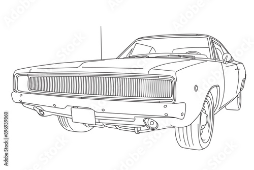 Vintage American muscle car from 1970s low angle front left view line art vector illustration