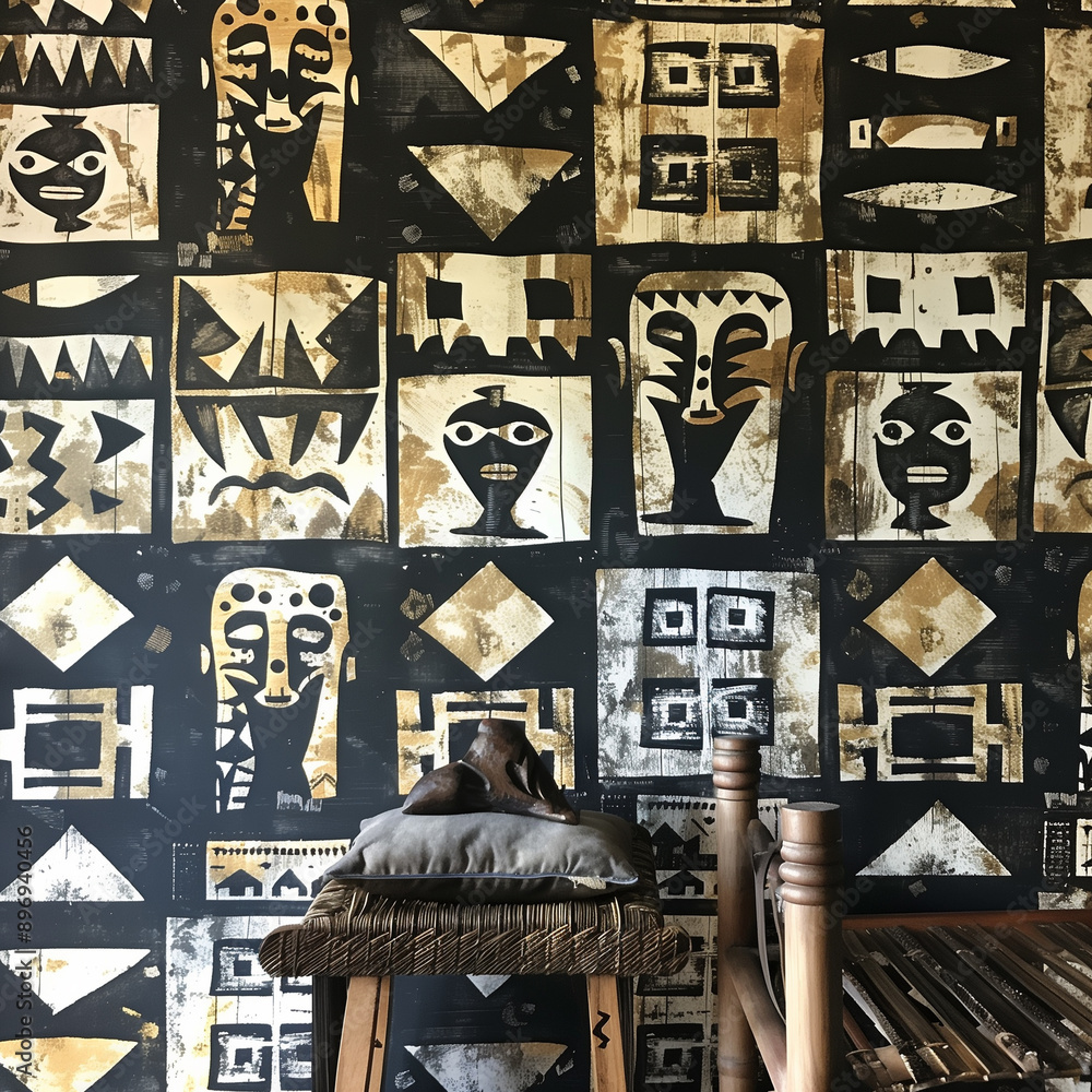 A dynamic African tribal wallpaper featuring bold patterns, earthy ...