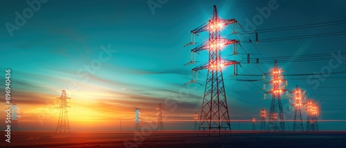 Futuristic Digital Electricity Towers in a Vast Landscape under Clear Skies and Distant Horizon View