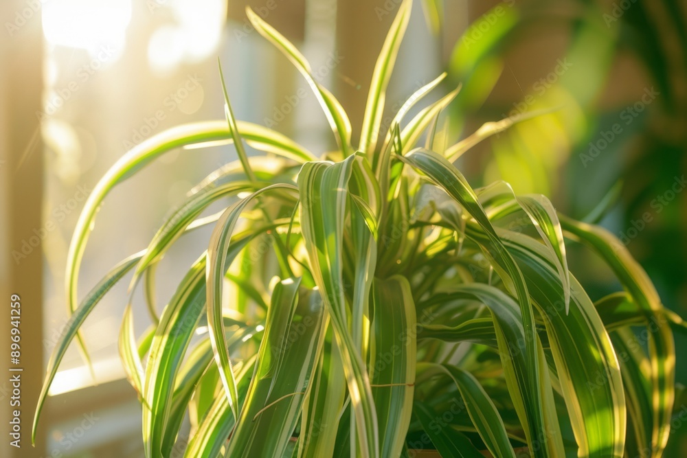 A close-up of a Spider Plant (Chlorophytum comosum) with its cascading babies, A close-up of a Spider Plant (Chlorophytum comosum) with its cascading babies,