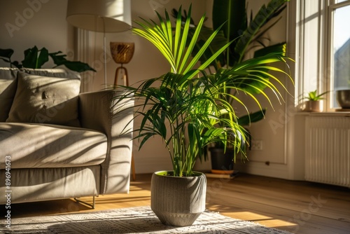 A large Kentia Palm (Howea forsteriana) in a spacious, modern sunlit living room photo