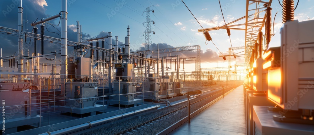 Naklejka premium Futuristic Digital Electricity Production Plant with Wide View Under Clear Sky