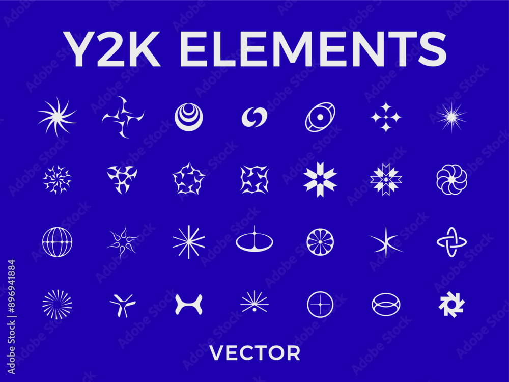 Retro futuristic elements. Y2k style abstract graphic geometric symbols and objects. Set of 2000s style elements for posters, banners, covers, graphic design, streetwear, social media. Y2K aesthetics.