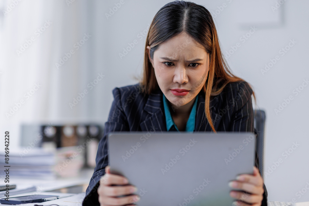Portrait of tired business asian woman sitting at a work. documents tax laptop computer in office. Sad, unhappy, Worried, Depression, or overworked, failure employee life stress concept Portrait of tired business asian woman sitting at a work. documents tax laptop computer in office. Sad, unhappy, Worried, Depression, or overworked, failure employee life stress concept