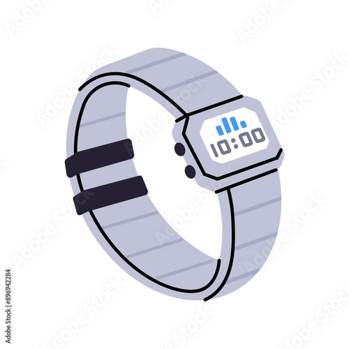 Modern wristwatch with metal bracelet icon. Electronic watches, hand clock on wristband. Equipment, unisex accessory to measure time, hours. Flat isolated vector illustration on white background