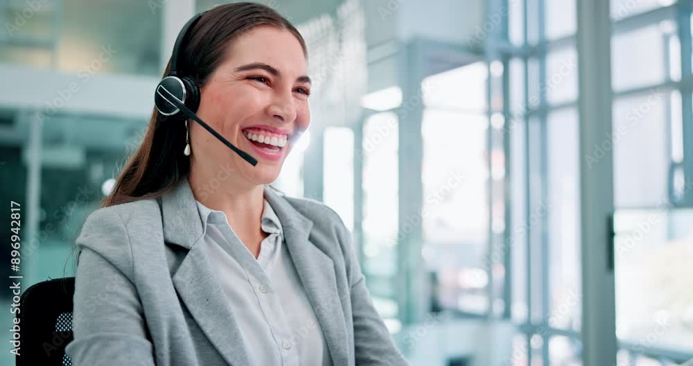 Woman, headset or smile in helpdesk, call centre or telemarketing as crm, communication or support. Female consultant, tech or explain, advice or business in sales by telecom and customer care Woman, headset or smile in helpdesk, call centre or telemarketing as crm, communication or support. Female consultant, tech or explain, advice or business in sales by telecom and customer care