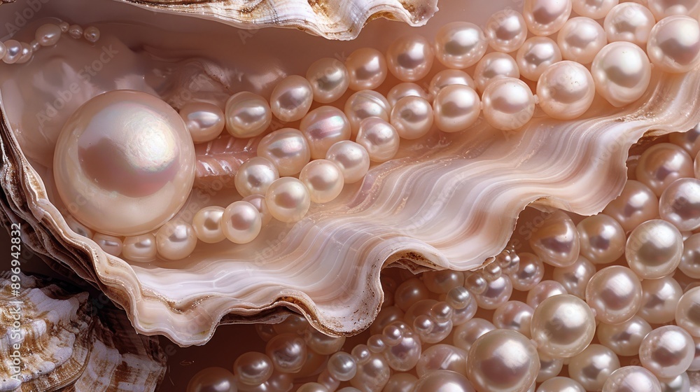 Pearls in an open seashell. This photo can be used for jewelry, beauty, or luxury product websites. Pearls in an open seashell. This photo can be used for jewelry, beauty, or luxury product websites.