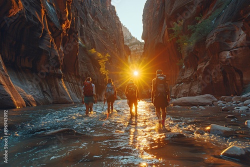 Trek enthusiasts wade through the water on a narrow trail as twilight casts a glow over the towering cliffs in a national reserve.