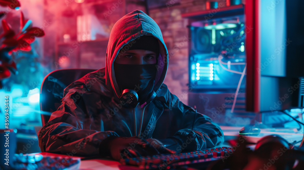 A hacker with a covered face is behind a computer. The image communicates the idea of cyber security and cyber attacks, data hacks, and fraud. A hacker with a covered face is behind a computer. The image communicates the idea of cyber security and cyber attacks, data hacks, and fraud.