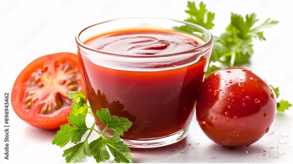 Tomato condiment in a clear cup on a white backdrop. Tomato condiment in a clear cup on a white backdrop.