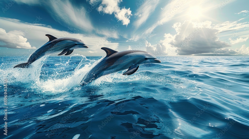 Naklejka premium Majestic Dolphins Leaping in Turquoise Blue Seas under a Clear Sky with White Clouds Background