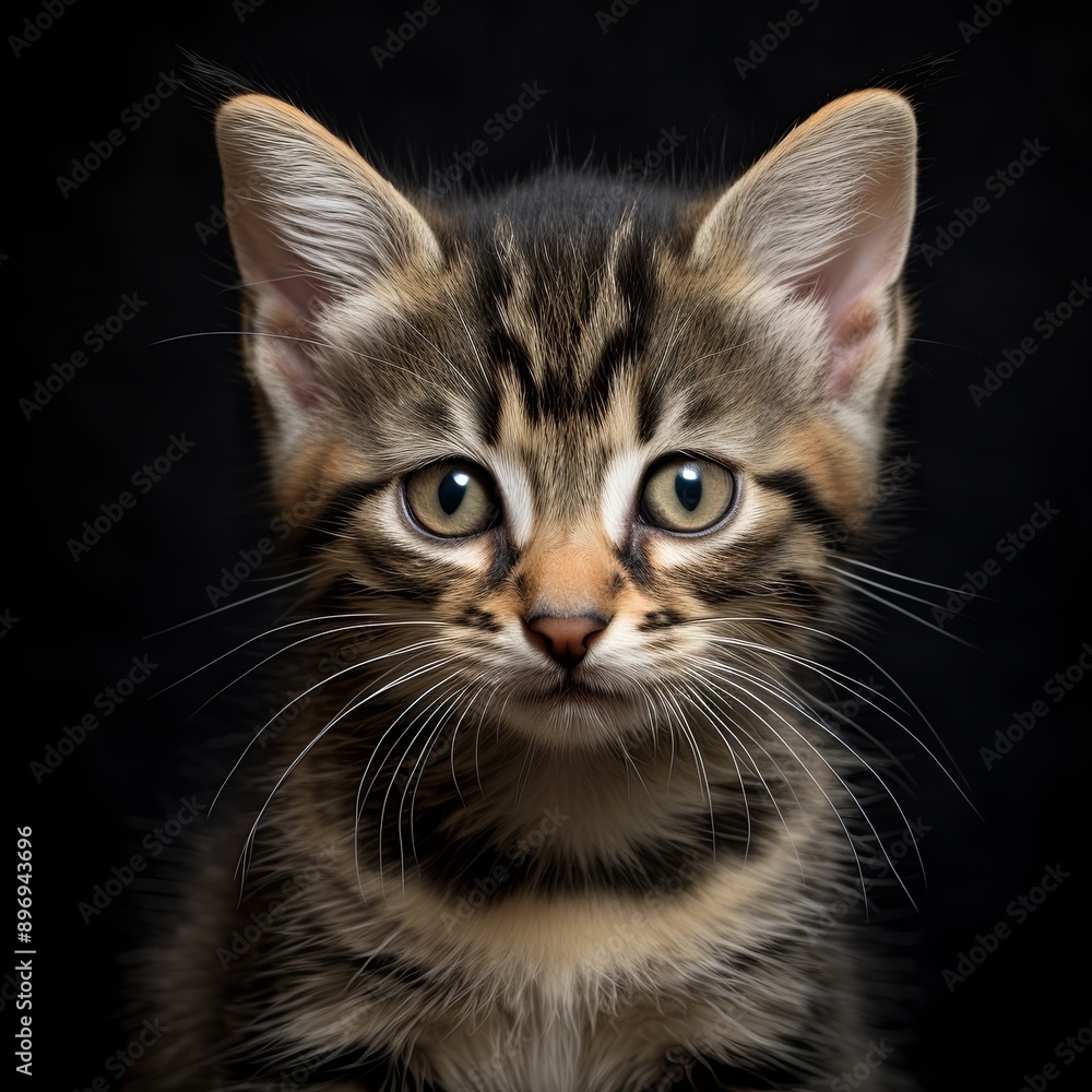 Close-up portrait of an adorable tabby kitten with big, expressive eyes, set against a dramatic black background. Perfect for use in a variety of creative projects and designs. Close-up portrait of an adorable tabby kitten with big, expressive eyes, set against a dramatic black background. Perfect for use in a variety of creative projects and designs.