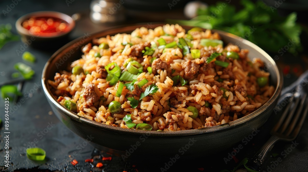 A close-up shot of a bowl of rice with ground beef. The dish is perfect for showcasing a delicious and hearty meal. A close-up shot of a bowl of rice with ground beef. The dish is perfect for showcasing a delicious and hearty meal.