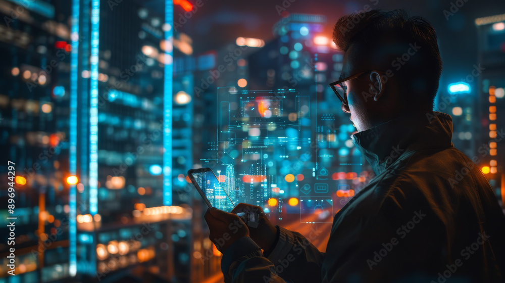 A man is holding a smartphone with a digital hologram of a city at night in the background. This shows the idea of communication and technology. A man is holding a smartphone with a digital hologram of a city at night in the background. This shows the idea of communication and technology.