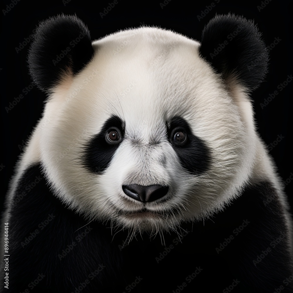 Fototapeta premium Close-up of a young giant panda cub with fluffy fur and captivating black eyes, exuding wonder and innocence against a dark backdrop. Ideal for wildlife photography enthusiasts.