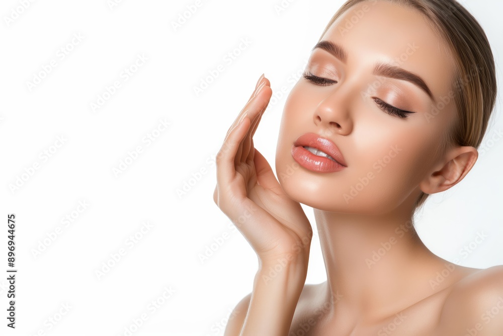 A woman exudes natural beauty through her radiant skin and glossy lips, embodying an elegant and graceful appearance. Her allure is enhanced with a touch of glamour and sensitivity A woman exudes natural beauty through her radiant skin and glossy lips, embodying an elegant and graceful appearance. Her allure is enhanced with a touch of glamour and sensitivity