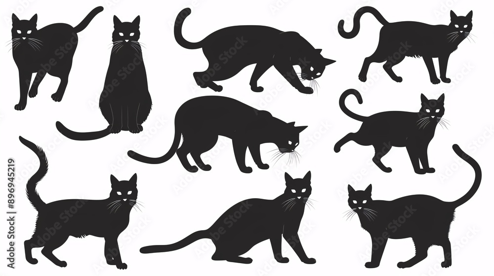 Obraz premium Collection of shadow felines in various stances, artwork separated on blank backdrop.