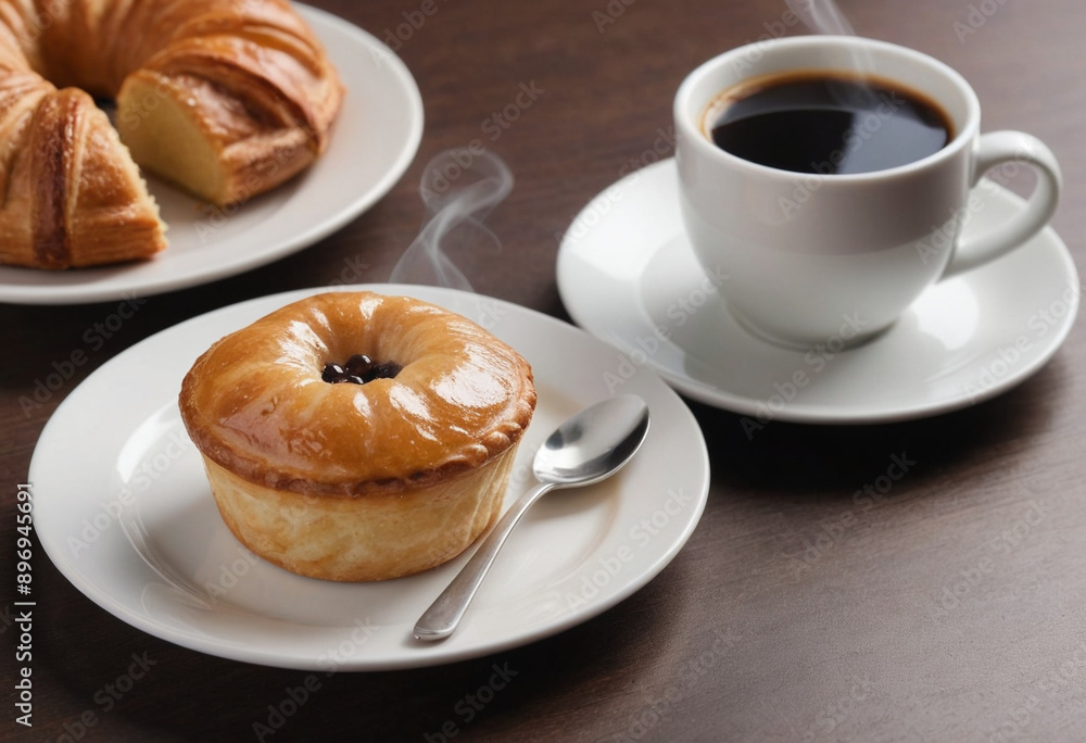 A close-up shot of a steaming cup of coffee with a delicious pastry on a plate beside it. A close-up shot of a steaming cup of coffee with a delicious pastry on a plate beside it.