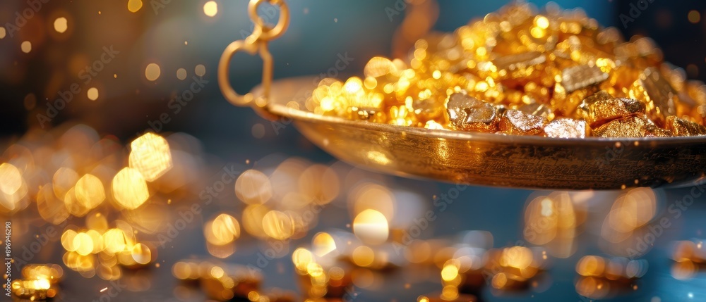Precise Measurement of High Value: Gold Nuggets on Scale Showing Wealth Assessment Precise Measurement of High Value: Gold Nuggets on Scale Showing Wealth Assessment
